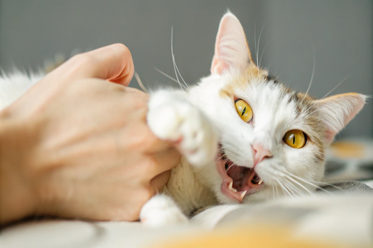 Chat allongé montrant des dents, signalant un comportement typique de morsure.