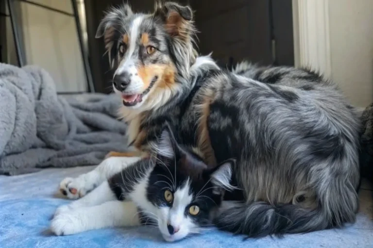 Chienne et chat ensemble, apportant réconfort l’un à l’autre.